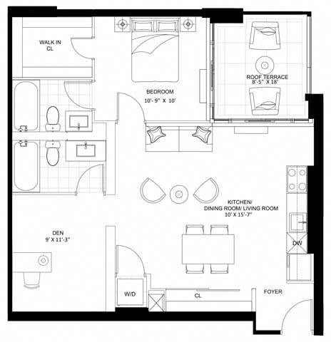Floor plan for 1 bed, 2 baths, 795 sqft